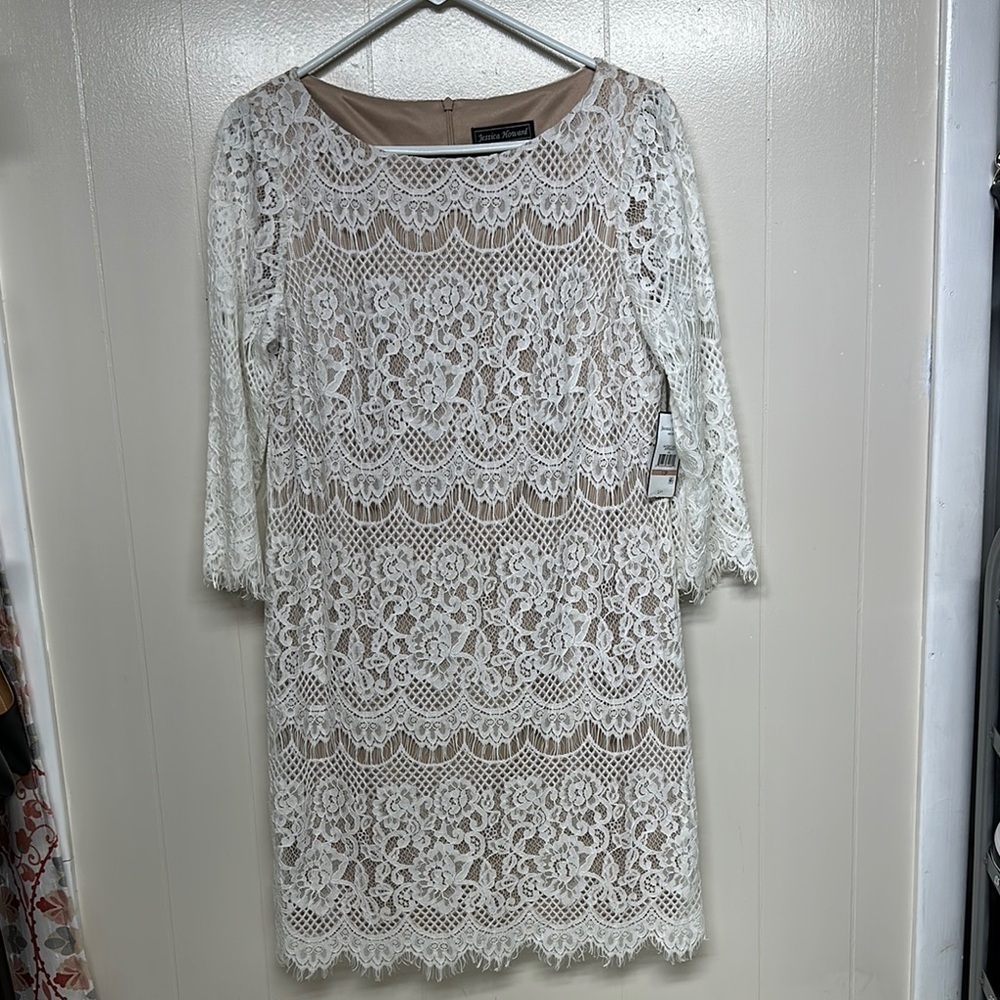 Jessica Howard White Sheath Dress with Bishop Sleeves